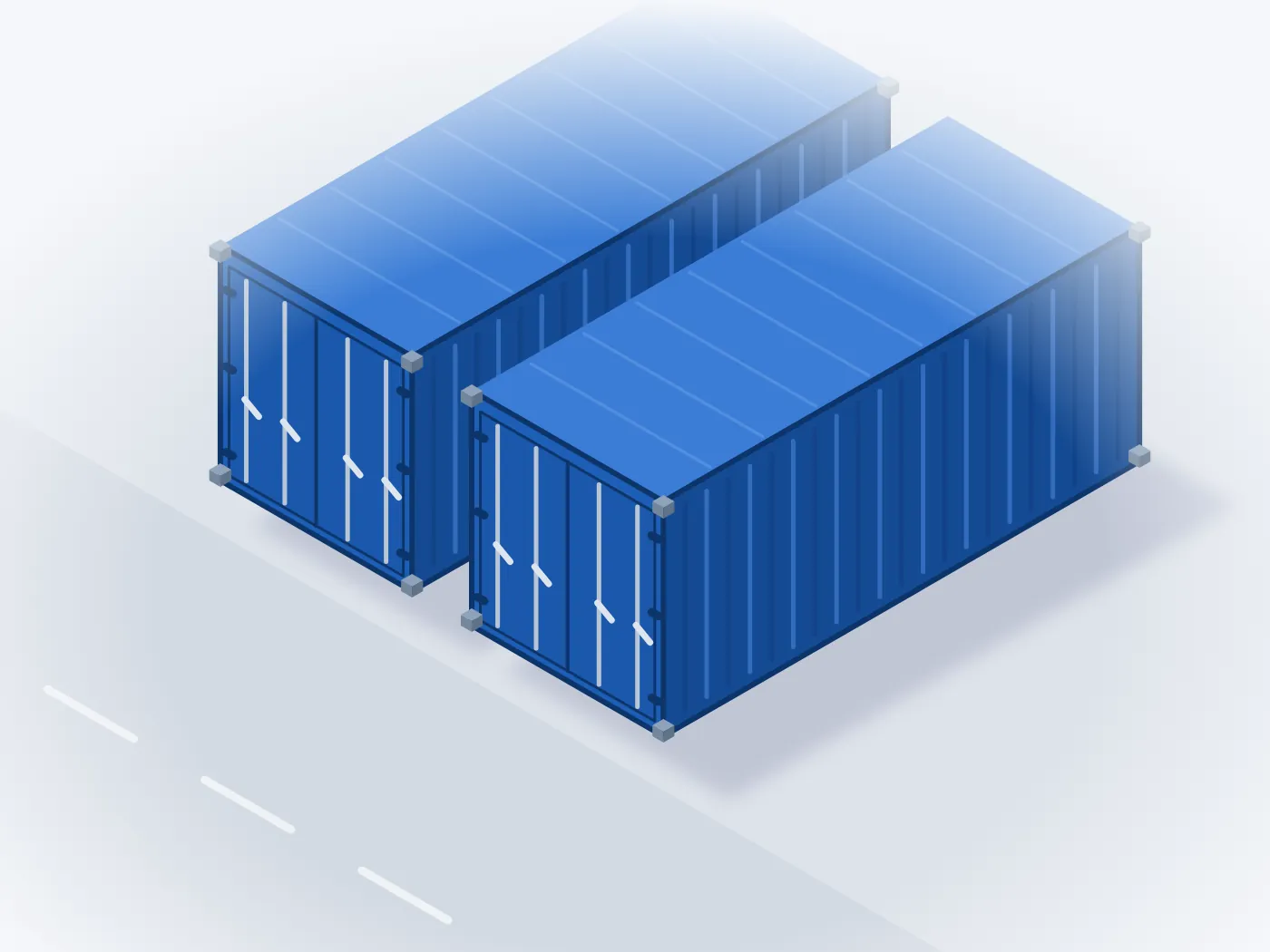 Illustration: zwei geschlossene blaue 20-Fuß-Container mit Türen an der Stirnseite