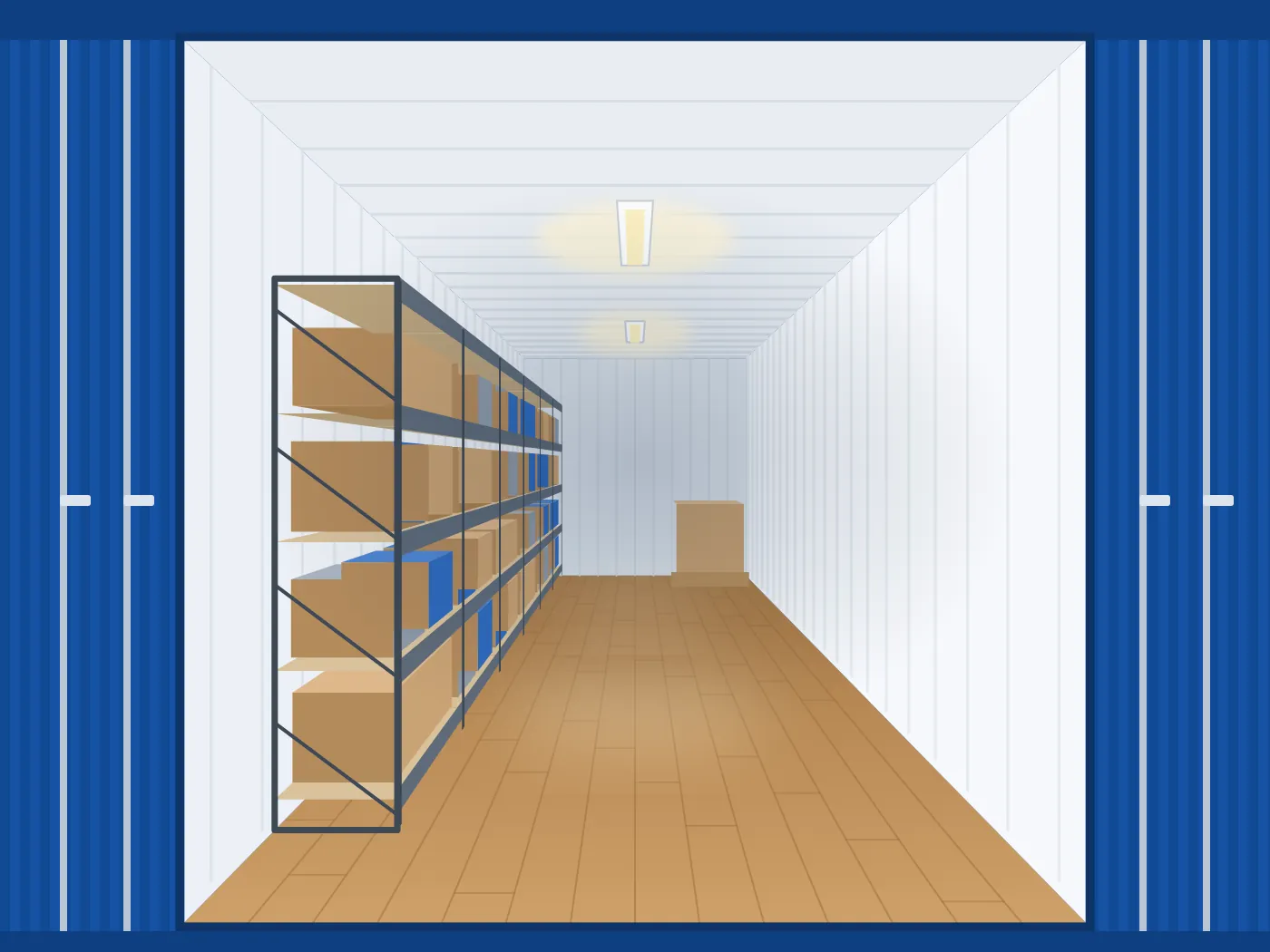 Illustration: Containerinnenraum mit Schwerlastregalen an einer Längsseite, die andere Seite ist frei