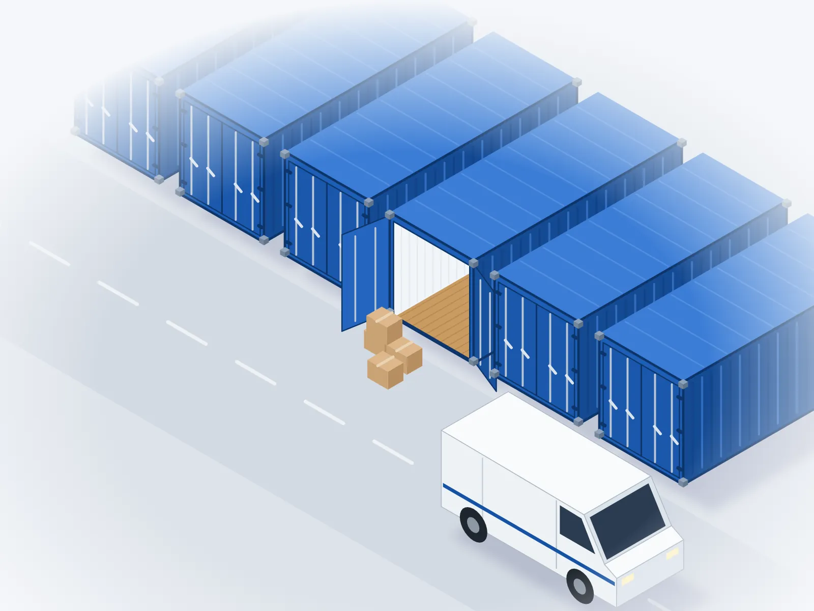 Illustration: blaue 20-Fuß-Lagercontainer in einer Reihe auf einem Hof, ein Container ist geöffnet, davor ein Transporter