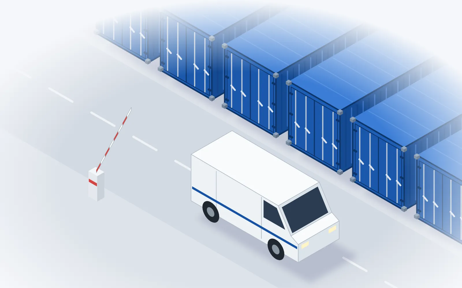 Illustration: Einfahrt zum Gelände, Transporter auf dem Hof und eine Reihe blauer Lagercontainer